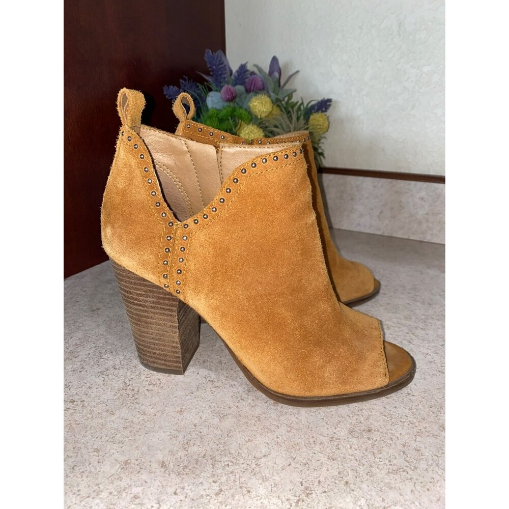 Lucky Brand Tan Suede Peep-Toe Booties W/Studded Trim & Side Zippers 8.5M